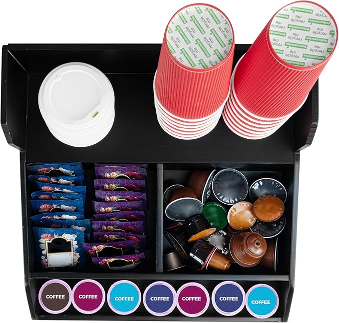Restaurantware-15 x 14.25 x 9.25 Inch Coffee Condiment Organizer, 1 Countertop Tea Station Organizer - 3 Shelf, Heavy-Duty, Black Bamboo Coffee Bar Holder, For Breakrooms, Offices, or Homes,