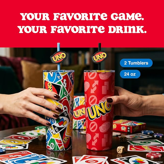Dragon Glassware x UNO Stainless Steel Tumbler with Straws, 24 oz 2-Pack | Vacuum Insulated Stainless Steel Tumbler with Straws & Lids; Double Walled Tumbler with Straw Topper; Official UNO Merch