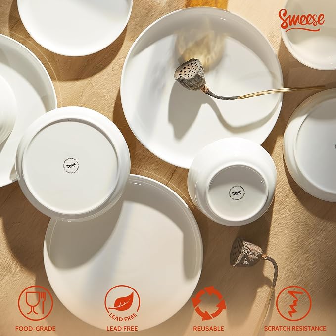 Sweese Plates and Bowls Sets,18 Pieces Modern Porcelain Dinnerware Set for 6 Handcrafted Uniqe Dinner Set Ceramic Dishware Dishes Microwave and Dishwasher Safe, White