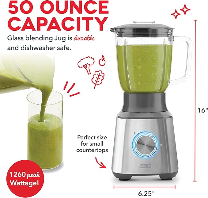 Dash Quest Blender for Smoothies and Shakes - 600W Kitchen Blender with 1.5-Liter Glass Pitcher, Stainless Steel Blades, 3 Speeds + Pulse for Frozen Drinks and Soups - Stainless