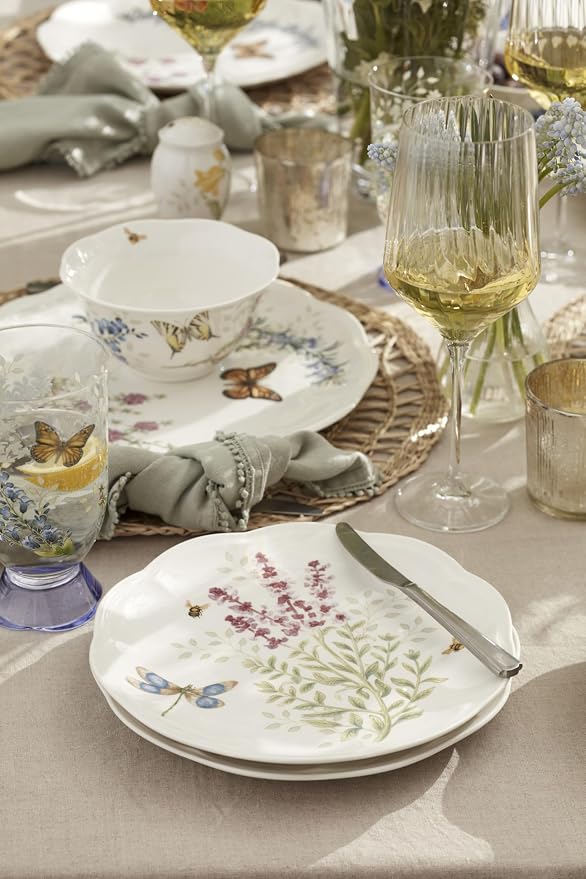 Lenox Porcelain Dinnerware Sets For 4, Butterfly Meadow Herbs 12-Piece Dinnerware Set, Service For 4, Microwave Safe Plates, White Dinner Plates and Bowls Sets, Dishes, Kitchen and Dining (12 Piece)