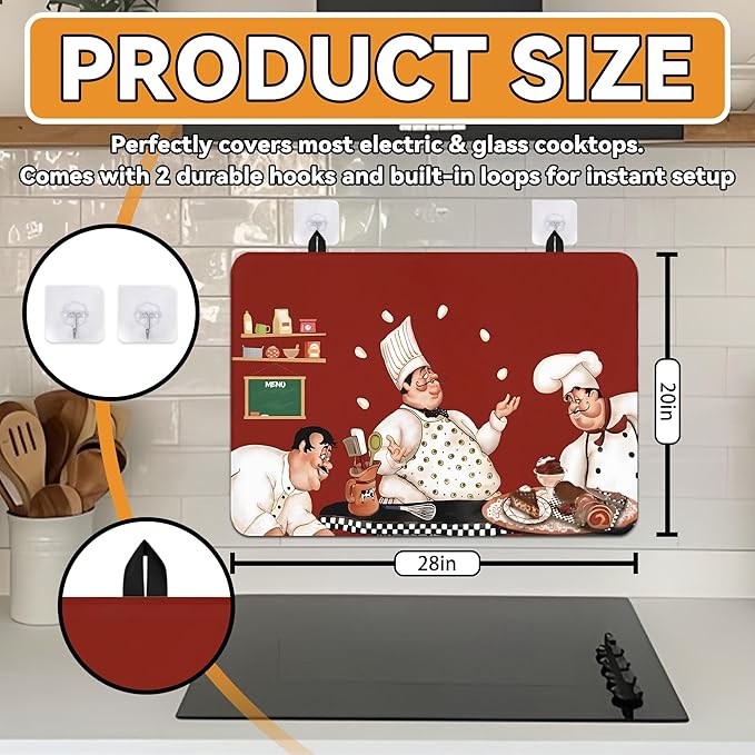 Decorative Stove Top Covers for Electric Stove 28"x20" – Heat Resistant Glass Cooktop Protector Dish Drying Mat – Non-Slip Rubber Backing Washer Top Cover Waterproof Extra Counter Space (Chef)