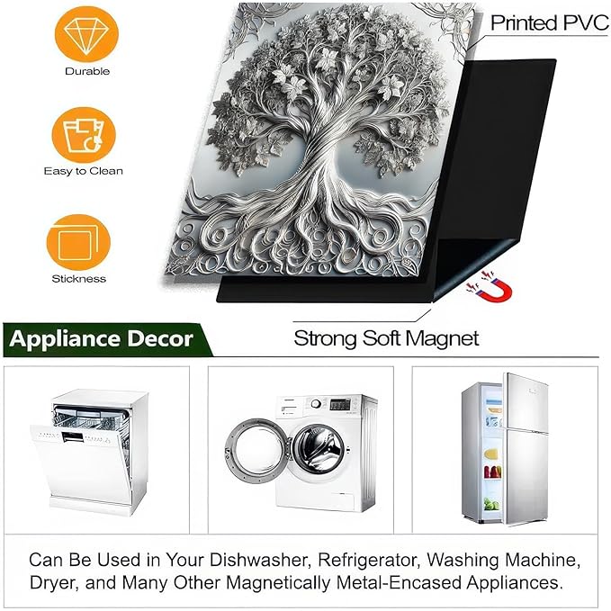 BlissYard 3D Silver Tree of Life Dishwasher Magnet Cover Skin Panel Vintage Sliver Metal Door Sticker of Life Front Door Magnet Cover for Home Appliances Dishwasher Refrigerator Cupboard 23x26 Inch