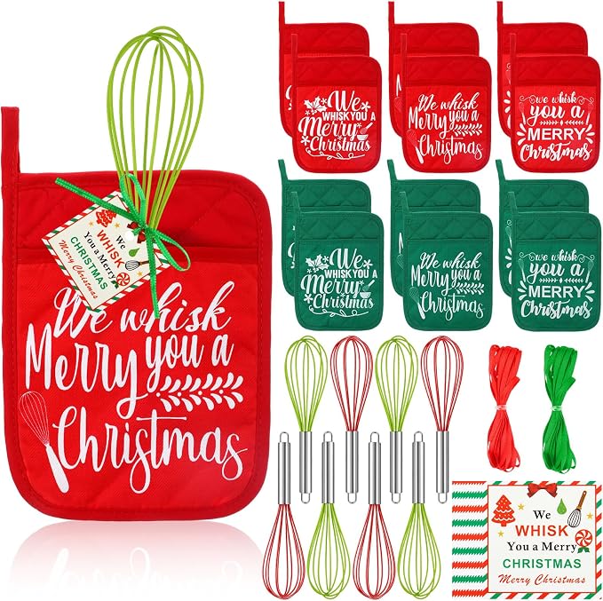 LemonRoad 12 Sets Christmas Whisk Baking Gift Set Xmas Silicone Whisks Oven Mitt Pot Holder Greeting Cards Ribbon Bags for Holiday Kitchen Utensils Cooking Supplies Neighbor Gift(Classic,Red, Green)