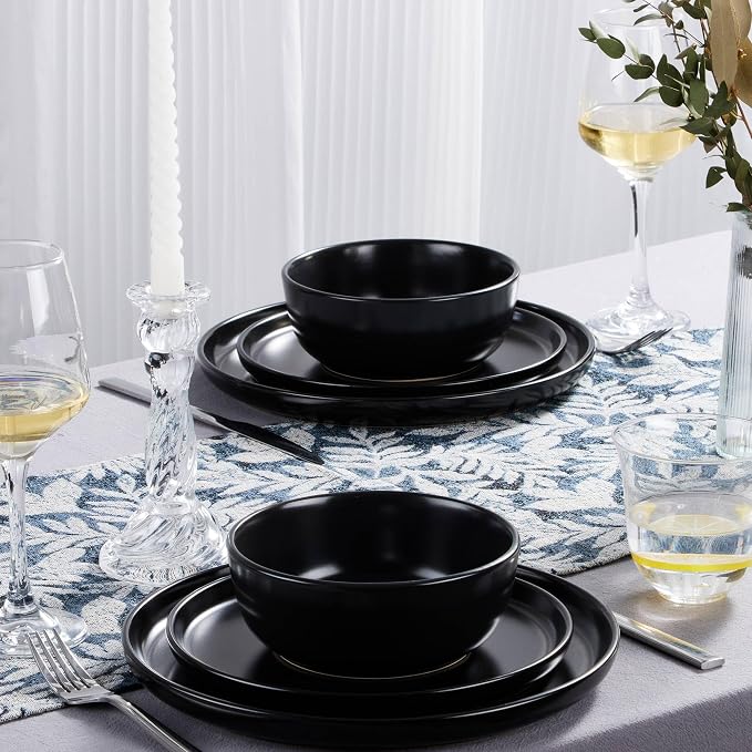 LIANYU 12 Piece Porcelain Dinnerware Sets for 4, Ceramic Durable Plates and Bowls, Chip and Scratch Resistant Dishware Dishes Set, Dishwasher & Microwave Safe Stoneware Set, Black Onyx