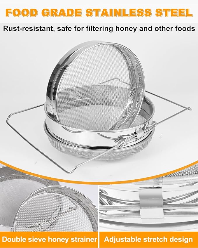 Stainless Steel Honey Strainer, Double Sieve Honey Filter, Honey Filters for 5 Gallon Bucket, Honey Fine Mesh Strainer, Honey Extractor Sieve Equipment for Clean Honey with Honey Harvesting Equipment