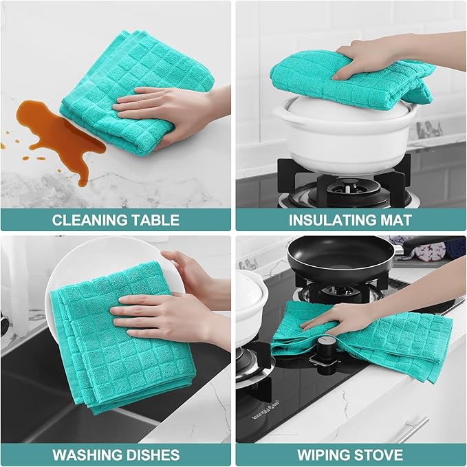 Homaxy Premium Cotton Kitchen Towels 16"x 28", Large Natural Ring Spun 390 GSM Dish Towels, Super Absorbent Terry Kitchen Hand Towels, Soft Tea Towels with Hanging Loop, Pure Aqua Check Design, 4 Pack