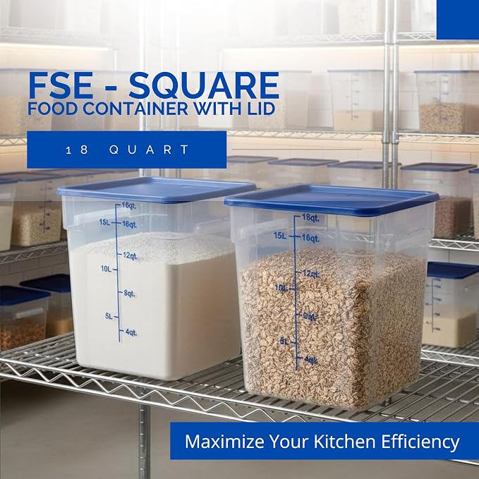 FSE 373-FCWL-18QT Food Container, 18 Qt Square Clear Storage Container with Measurement Markings, Stackable Space-Saving Design, Durable Construction, NSF