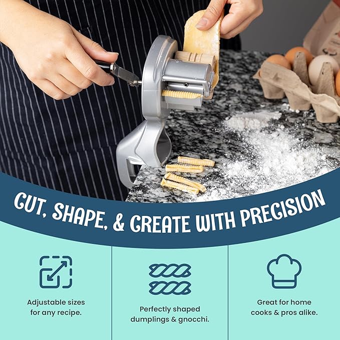 O'Creme Wooden Roller Cavatelli Pasta Maker – Original Italian Pasta Roller Machine – Non-Stick Coating Wooden Rollers Gnocchi Maker Pasta Attachment – Easy to Clean and Precision Cut