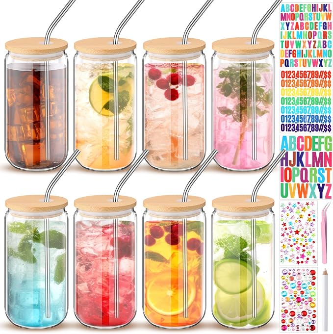 16 Pcs Plastic Cups with Lids and Straws Acrylic Mason Jars with Bamboo Lids Mason Jar tumblers with Sticker and Diamond for DIY Decorate Mugs Drinking for Water Beverage Beer (16 oz,Clear)