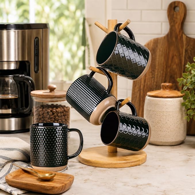 GBhome Large Coffee Mugs Set of 6, 16oz Handmade Stoneware Coffee Mugs Set with Large Handle for Cappuccino/Latte/Tea/Hot Cocoa, Dishwasher & Microwave Safe, Black