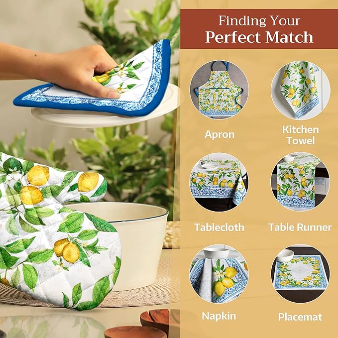 Maison d' Hermine Pot Holders 100% Cotton Heat Resistant Potholders 8" x 8" Hot Pads with Loop BBQ Cooking Baking Gifts for Mothers Day Handling Hot Pans Spring/Summer (Pack of 2, Cedrat)