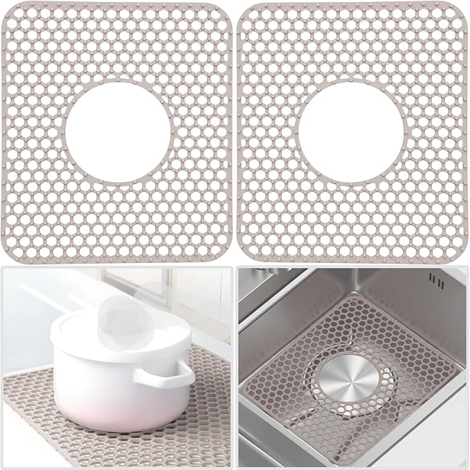 Silicone Sink Protectors for Kitchen - Non-Slip Heat Resistant Grid Mat for Farmhouse Porcelain Stainless Steel, Protects & Cushions Your Sink(Gray 2PCS, 12.4"x10.4" Center Drain)