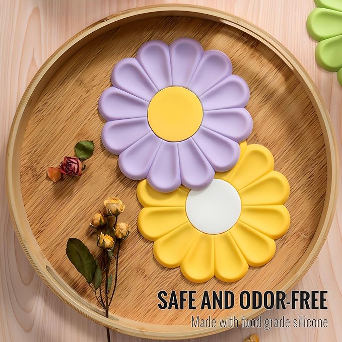 Daisy Trivets, Set of 4 Silicone Trivets for Hot Pots and Dishes, 6.7 Inch Round Flexible Silicone Pot Holders Hot Pads, Anti-Slip Coaster, Heat Resistant Mat Multi-Use Creative Placemat Kitchen