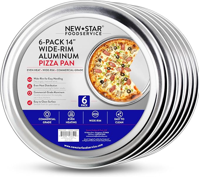 New Star Foodservice Restaurant-Grade Aluminum Pizza Pan/Tray with Wide Rim, 14 Inch, Pack of 6
