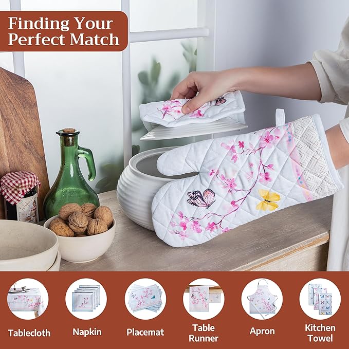 Maison d' Hermine Pot Holders 100% Cotton Heat Resistant Potholders 8" x 8" Hot Pads with Loop Cooking Baking Gifts for Mothers Day Handling Hot Pans Spring/Summer (Pack of 2, Blossoms in Spring)