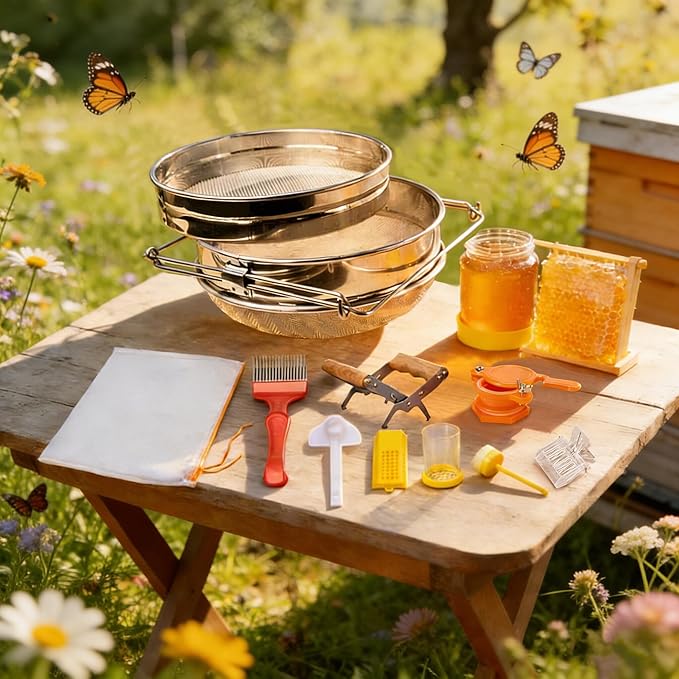 Honey Harvesting Honey Strainer Beekeeping Tool Kit, Set of 9, Double Honey Sieve Stainless Steel Honey Filter, Honey Gate, Frame Grip, Uncapping Fork, Queen Marker Tube, Feeder, Honey Filter Bag