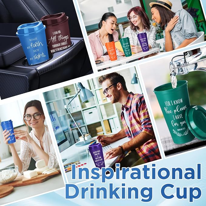 Skylety 40 Pack Bulk Christian Gifts for Men Women 16oz Reusable Bible Verse Tumbler Plastic Coffee Cup with Lid Inspirational Religious Church Gift for Teacher Graduation Party Favor (Retro Color)
