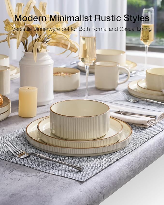Famiware Star 24-Piece Stoneware Dinnerware Sets with Trim, Service for 6 - Ceramic Mugs, Plates, Bowls, Dishes for Everyday/Party/Formal Use, Chip/Scratch Resistant, Microwave/Dishwasher Safe, Cream