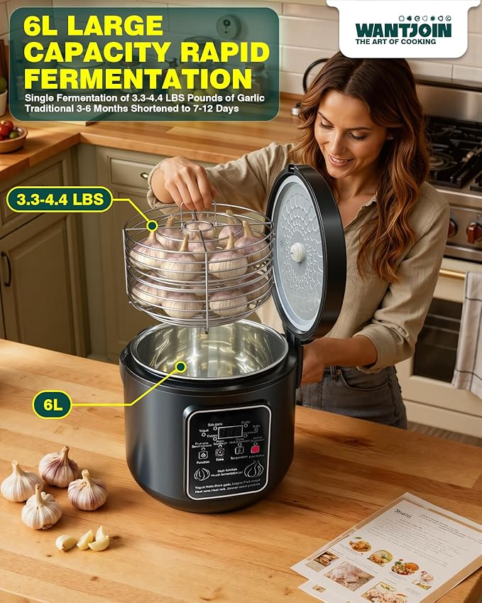 WantJoin Black Garlic Fermenter 6L - Full Automatic Intelligent Control Black Garlic Maker, 360° Even Fermented，Makes 3-4 LBS Garlic Fermenter Machine, Makes Multi Clove & Whole Clove Garlic
