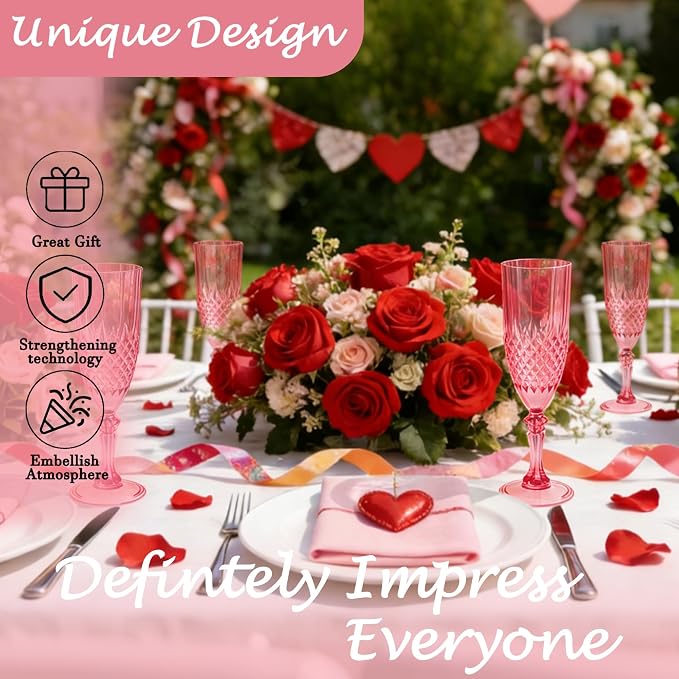 Plastic Champagne Flutes, Champagne Glasses Bulk, Reusable Unbreakable Acrylic Wine Glasses Goblets for Weddings Bachelor Parties Toasting Bridal Shower (24, Red)