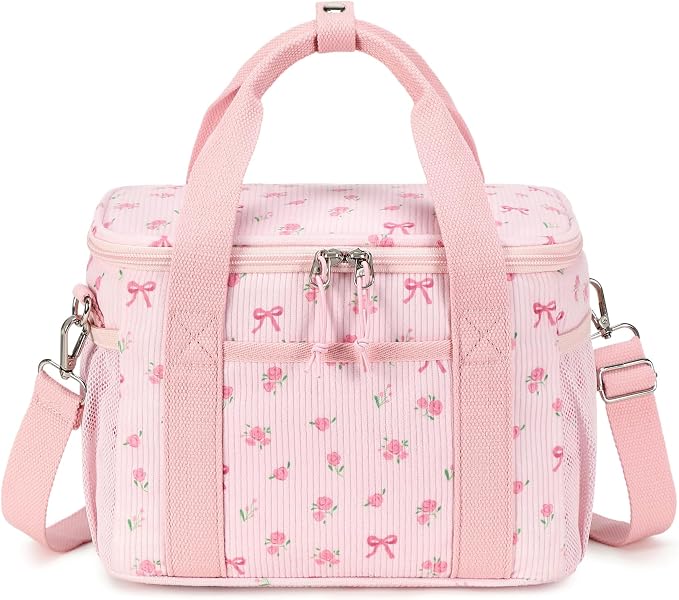 BTOOP Insulated Lunch Box for Women, Cute Corduroy Lunch Bag with Shoulder Strap, Leakproof Wide-Open Lunch Tote for Work, Office, School, Picnic Bow-Floral Pink-1