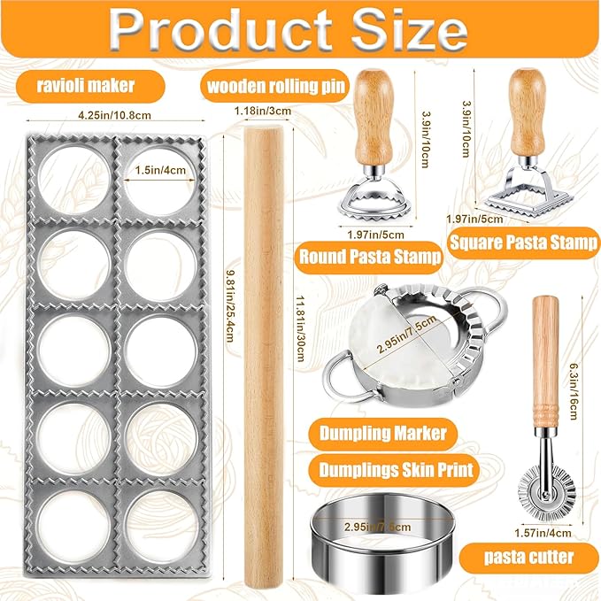8 Piece Ravioli Press Mold Set,Pasta Making Tools, Ravioli Kit Include 10 Holes Ravioli Maker, 3 Pasta Cutter Stamp Makers,Rolling Pin,Ravioli Making Kit for Home Kitchen Supplies (8)