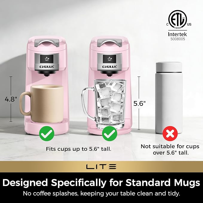 CHULUX Lite Single Serve Coffee Maker for K Cup Capsules, Single Cup Reservoir Coffee Maker with One Touch Brewing, 5 to 12 Oz Brew Sizes, Designed Specifically for Standard Mugs, Pink