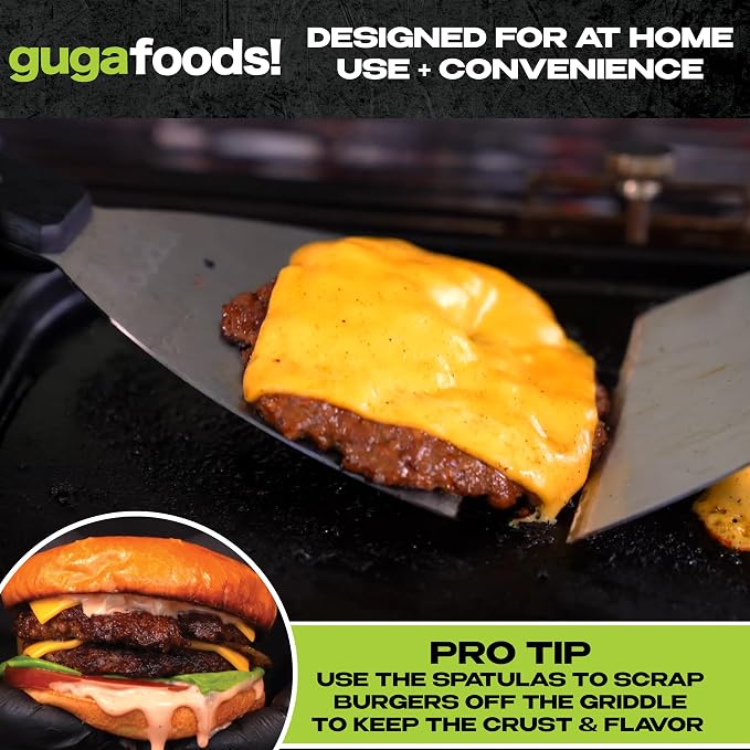 Guga Foods Ultimate Griddle Kit Set- Transform Any Grill or Stove, Includes Cast Iron Griddle with Detachable Handle, Stainless Steel Angled & Straight Edge Spatulas, For Cooking Indoor Or Outdoor