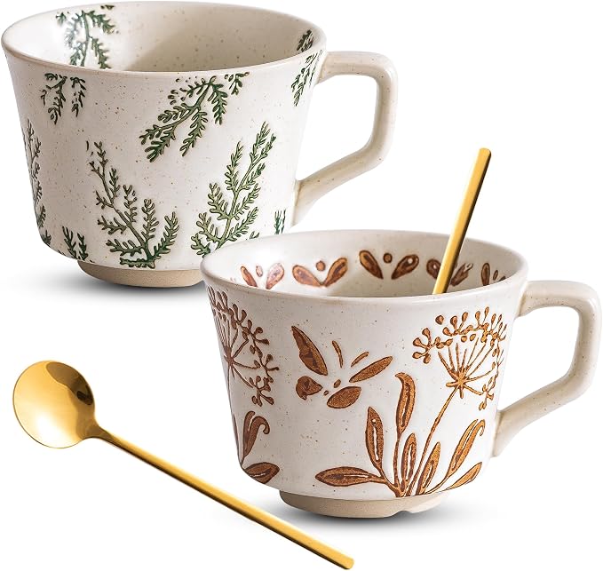 Ceramic Coffee Mug Set, 11 oz and 2 Spoons, Coffee Cup Set of 2, Suitable for Americano, Chocolate Drinks, Milk, Tea Drinks, Microwave Dishwasher Safe