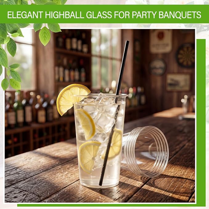 Plastic Highball Glasses with Straws(set of 48), 12 oz Shatterproof Drinking Cups, Tall Whiskey Collins Glass with Straws, Smoothie Tumbler Mojito Cocktail Cups for Wedding Fall Xmas Party