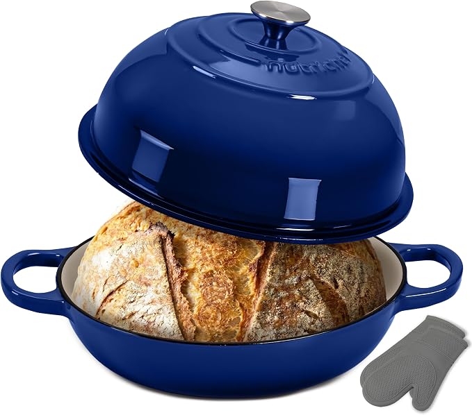 NutriChef 10.2" Enameled Cast Iron Bread Oven, Dome-Shaped Sourdough Baking Pan with Handles & Silicone Gloves, Oven-Safe to 500°F, Dishwasher Safe Dutch Oven Bread Pan (Blue)