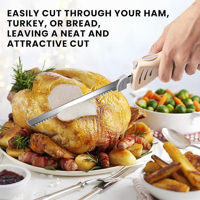 Prikoi Electric Knife - Carving Knife Set, Easy-Slice Serrated Edge Blades for Meat, Bread, Fillet, DIY, Ergonomic Handle + 2 Blades New Upgrade (White)