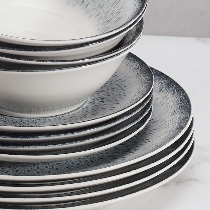 Mikasa Matteo 12 Piece Dinnerware Plate Bowl Set, Servie for 4, Gray