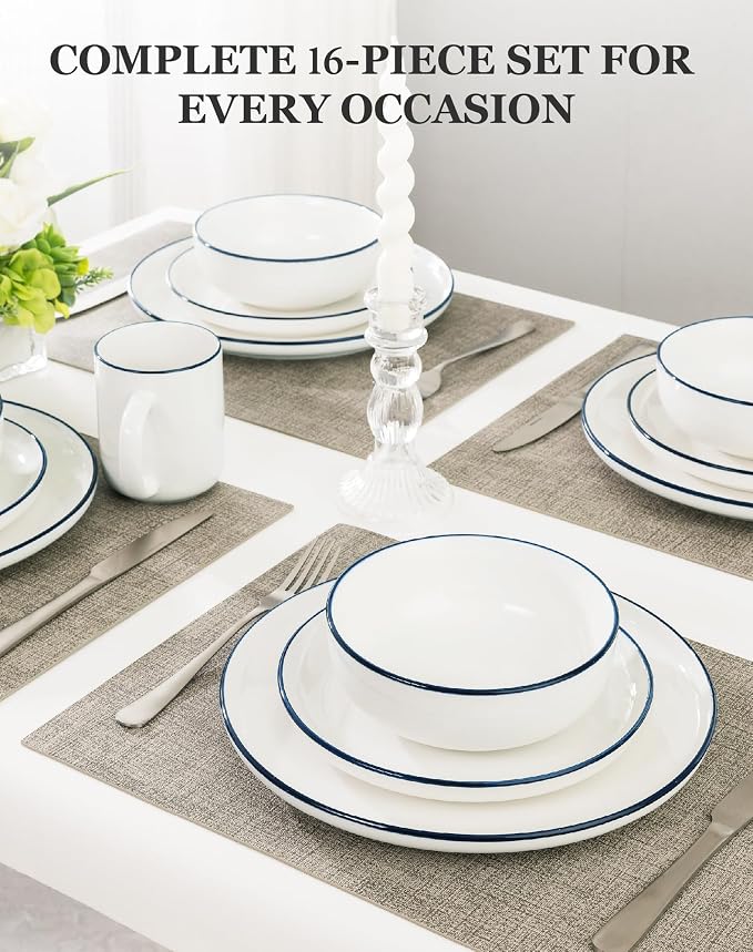 OTAGO 16-Piece Dinnerware Set for 4 with 4 Mugs, White with blue rim Stoneware Plates and Bowls Sets, Ceramic Dish Set for Kitchen, Dinner & Dining, Blue Rim, Microwave & Dishwasher Safe