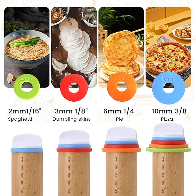 Adjustable Wooden Rolling Pin with 4 Thickness Rings (2/4/6/10mm), Pastry Baking Mat with Measurement Guide, Wooden Phone Stand, Baking Tools for Fondant, Pizza, Pie Crust & Cookies (Beech Wood)
