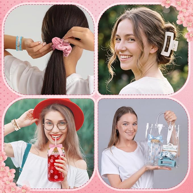 Suncalla 36 Pcs 6 Set Morandi Birthday Gifts for Women, Sleepover Spa Party Girls Trip Bachelorette Party Favors for 6 People, Daisy Glass Cup Bracelets Hair Bands Hair Clip Tote Bags Bows