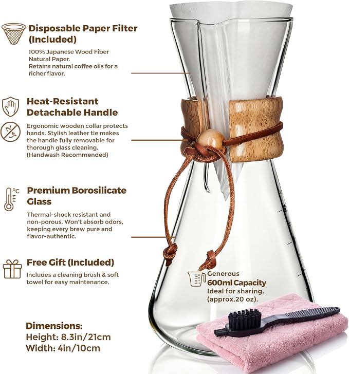 AGOGO Pour Over Coffee Maker Glass with 50pcs Paper Filters -for Home, Office, Camping, Cafes - Easy Clean Coffee Dripper Set (Soft Towel&Brush)(20oz Slim Shape w/Paper Filters)
