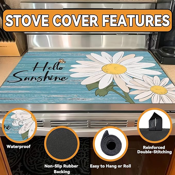 Decorative Stove Top Covers for Electric Stove 28"x20" – Heat Resistant Glass Cooktop Protector Dish Drying Mat – Non-Slip Rubber Backing Washer Top Cover Waterproof Extra Counter Space (Daisy)