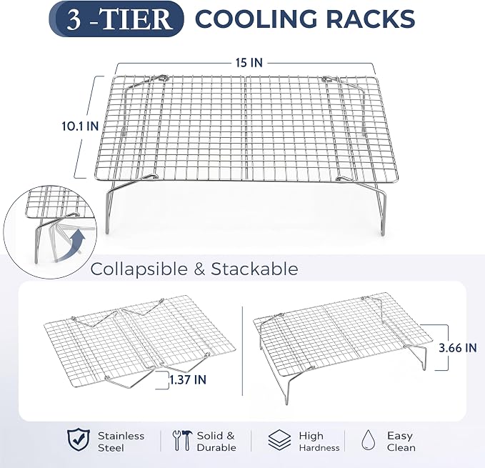E-far 3-Tier Cooling Rack for Cooking and Baking - 15”x10” Collapsible & Stackable Tight-Wire Stainless Steel Cookie Rack for Baking Sheet, Oven, Roasting, Dishwasher Safe & Space Saving