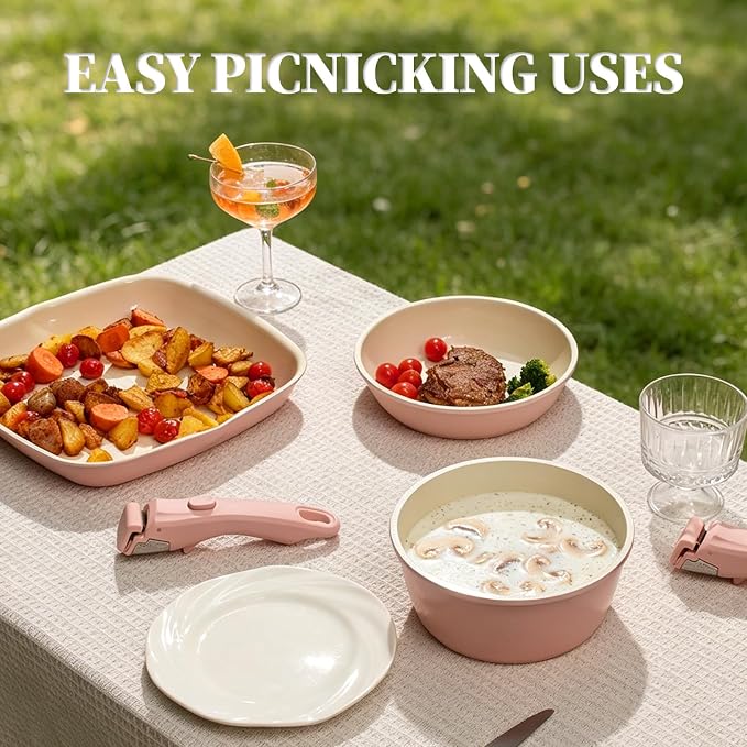 Ceramic Cookware Set Non Stick 23Pcs Pots and Pans Set Non Toxic with Detachable Handle Induction Kitchen Cookware Set Space Saving, Oven & Dishwasher Safe, Pink