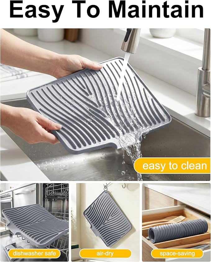Silicone Dish Drying Mat for Kitchen Counter, Non-Slip Drain Pad with Built-in Drain, Heat Resistant Dish Drying Pad, Multi-Use Drying Mat, Dishwasher Safe & Hangable, Grey, 19.7" x 15"