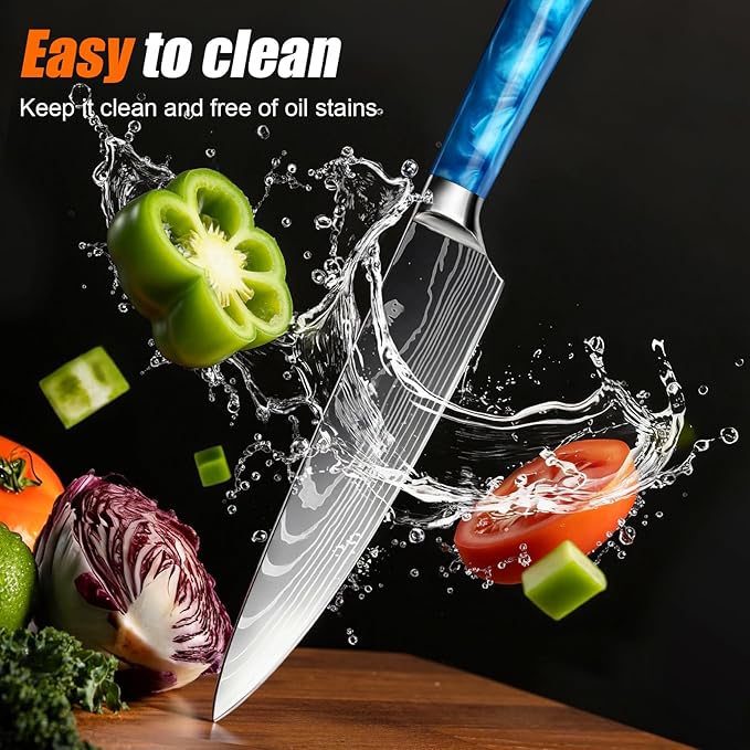3-Piece Premium Japanese Kitchen Knife Set - Star Collection, Laser Damascus Pattern, 440A Stainless Steel Ultra Sharp for Fast Cutting (Blue 3J)