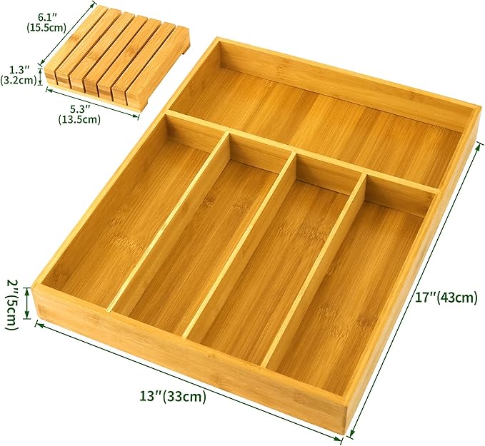 VaeFae Bamboo Silverware Drawer Organizer with Knife Block Set
