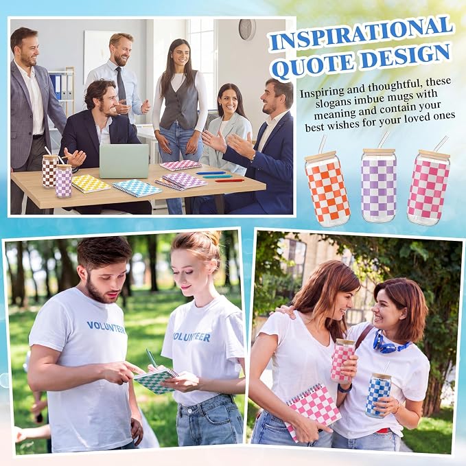 Skylety 12 Set Back to School Gingham Cup Bulk Teachers Appreciation Gifts 16 oz Pastel Checkered Glass Cups with Lids Straws Spiral Notebooks Pens for Silly Goose Birthday Classroom Student Supplies