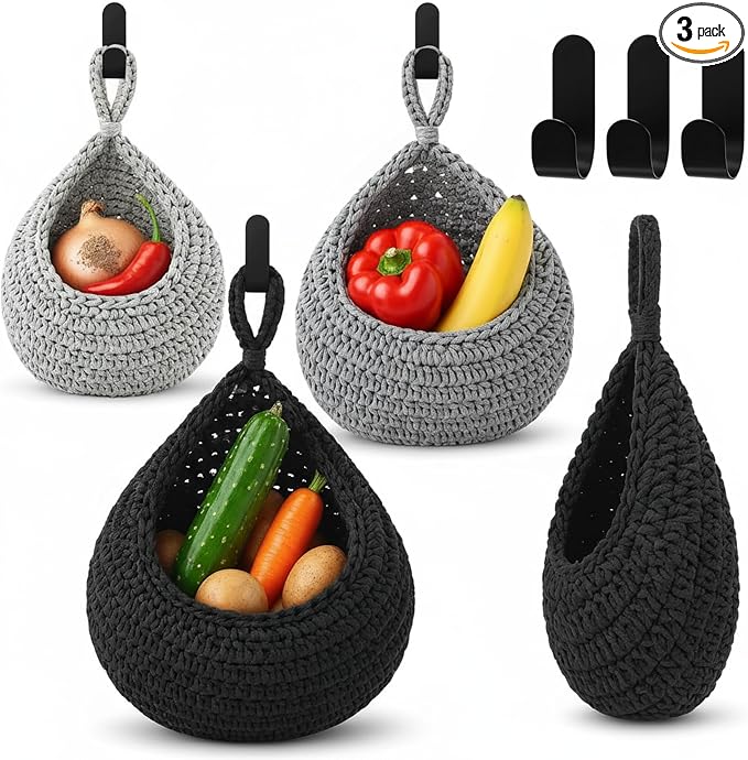 Honeydak Boho Decor Hanging Wall Baskets for Kitchen 3 Pack Teardrop Baskets with Hooks Storage Fruit Onion Vegetable Potato for Home 3 Sizes(Light Grey, White, Dark Grey,Teardrop,Cotton Rope)