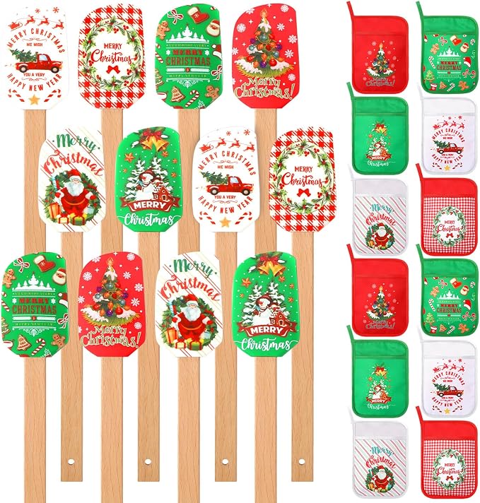 Zhehao 24 Pcs Christmas Silicone Spatulas Pot Holders Set - Heat Resistant Pot Holders with Pocket - Baking Gifts for Party Supplies (Cute Christmas Style)