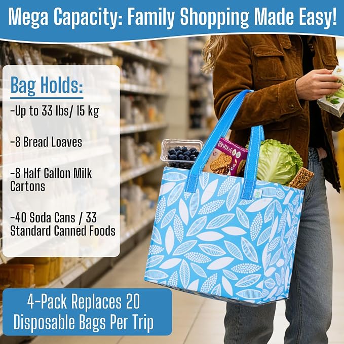 VENO 4 Pack Reusable Grocery Shopping Bags, Heavy-Duty Tote Bags with Handles, for Shopping Cart with Hard Bottom to Stand Upright, Foldable (Spring Breeze, 4 Pack)