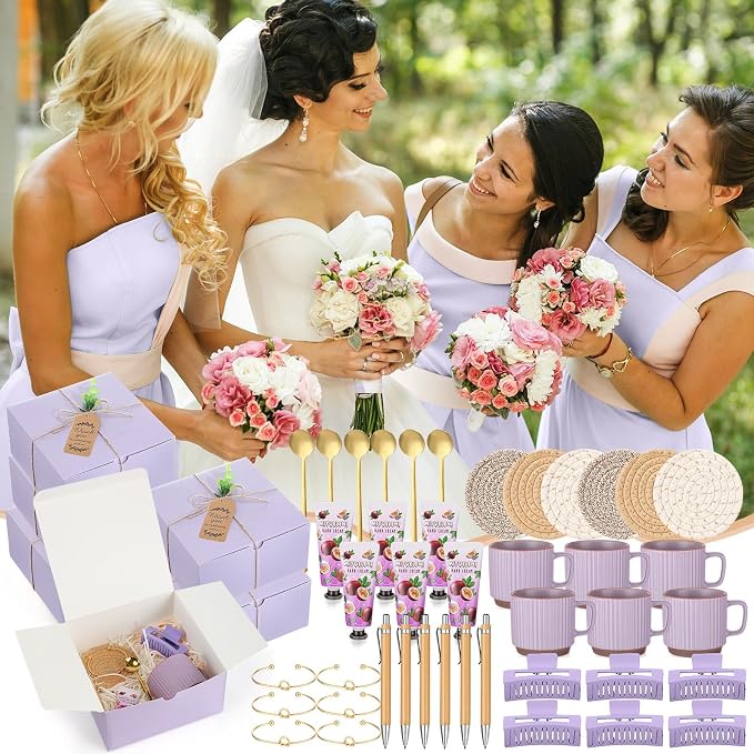 Reallnaive 61 Pcs Baby Shower Prizes for Game Winners Include Ceramic Mug Coaster Hand Cream Pen Spoon Bracelet Hair Clip Card Gift Box with Raffia for Guests Gender Reveal Bridal Shower Party(Purple)