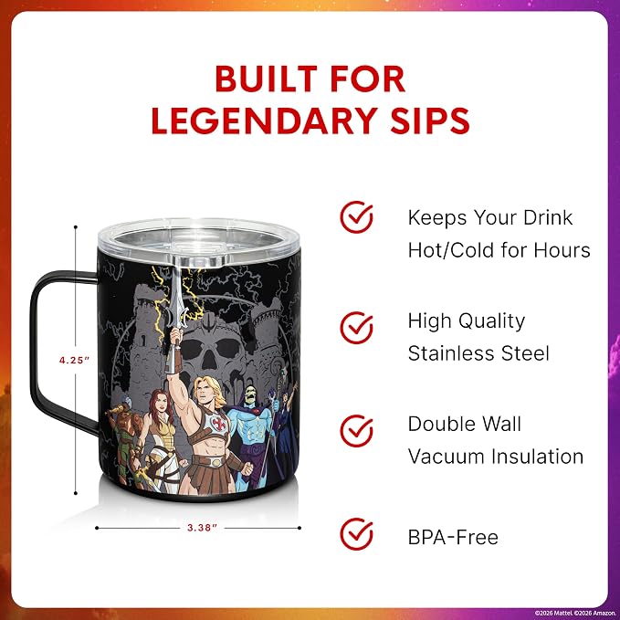 Dragon Glassware x Masters of the Universe (MOTU) Stainless Steel Camp Mug - 12 oz Insulated Camping Mug for Coffee, Tea, Matcha, Hot Beverages - Official 2026 Movie Merch - MOTU